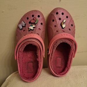 Crocs Kids' Pink Glitter Clog Shoes with Charms Size J 2
